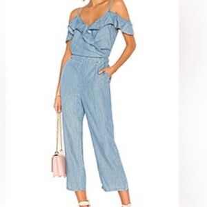 MICHAEL STARS JUMPSUIT RUFFLES DENIM STRAIGHT LEG POCKETS OFF THE SHOULDER